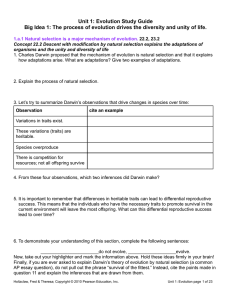 Unit 1: Evolution Study Guide Big Idea 1: The process of evolution