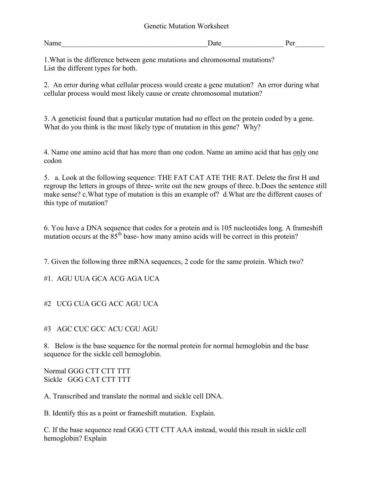 Genetic Mutation Worksheet With Regard To Gene  And Chromosome Mutation Worksheet