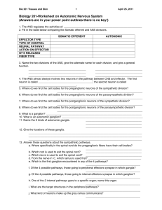 Biology 201-Worksheet on Autonomic Nervous System